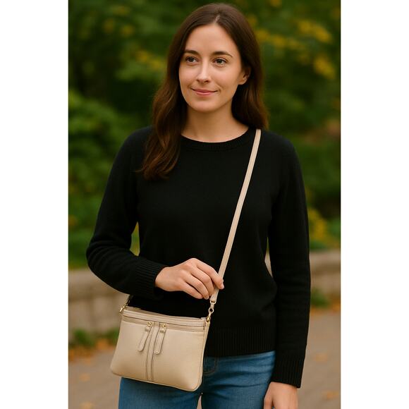 Fossil ZB5430 Erin Beige Small Top Zip Crossbody Purse Gold Hardware - Picture 1 of 8